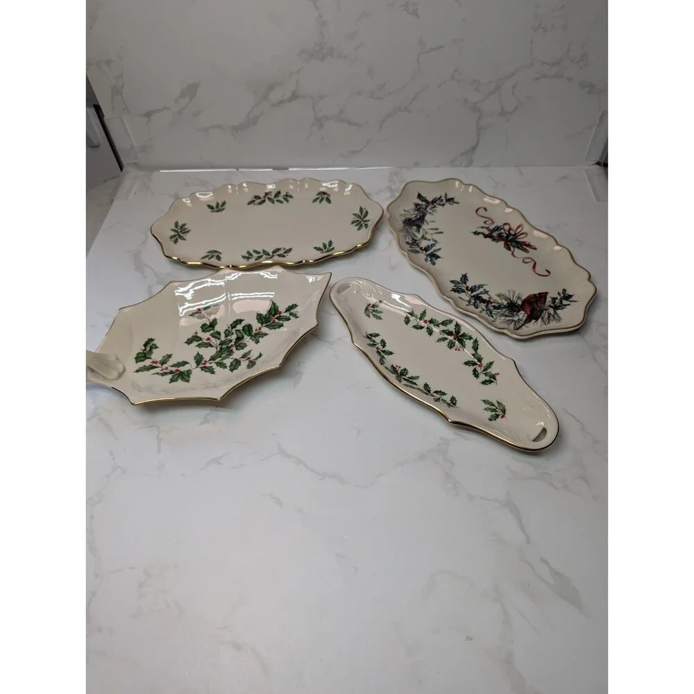 Lenox Holiday 4 Pc Serving Tray Cake Plate Leaf Dish Cardinal Platter USA
